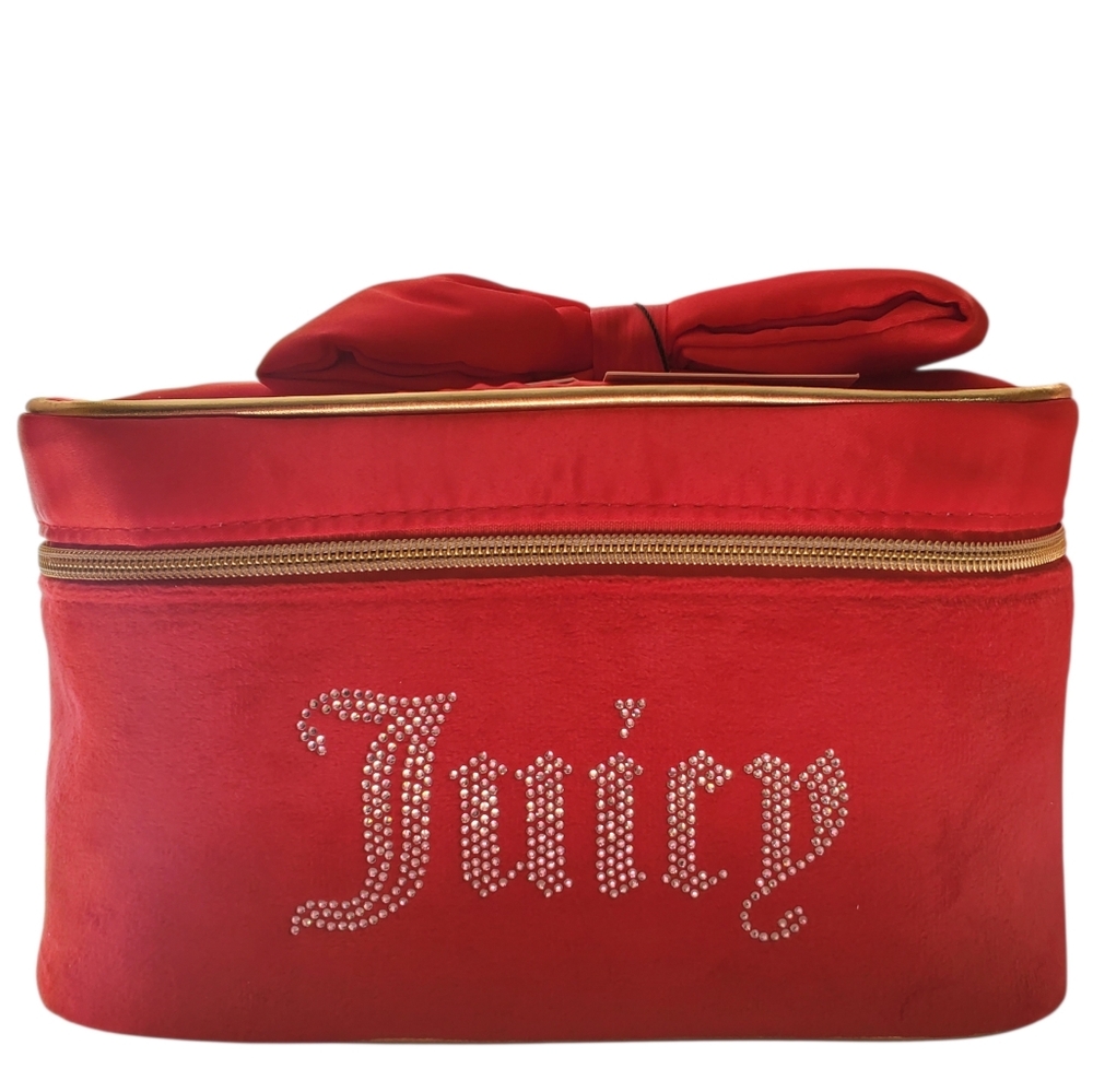 Juicy Couture Red Velvet Rhinestone Bling Logo Train Case Coquette Bow Handle